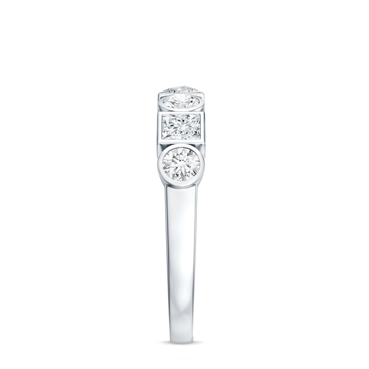 Rosec Jewels moissanite half eternity band ring with alternating bezel-set stones, showcasing elegant jewelry design.