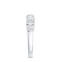 Rosec Jewels moissanite half eternity band ring with alternating bezel-set stones, showcasing elegant jewelry design.