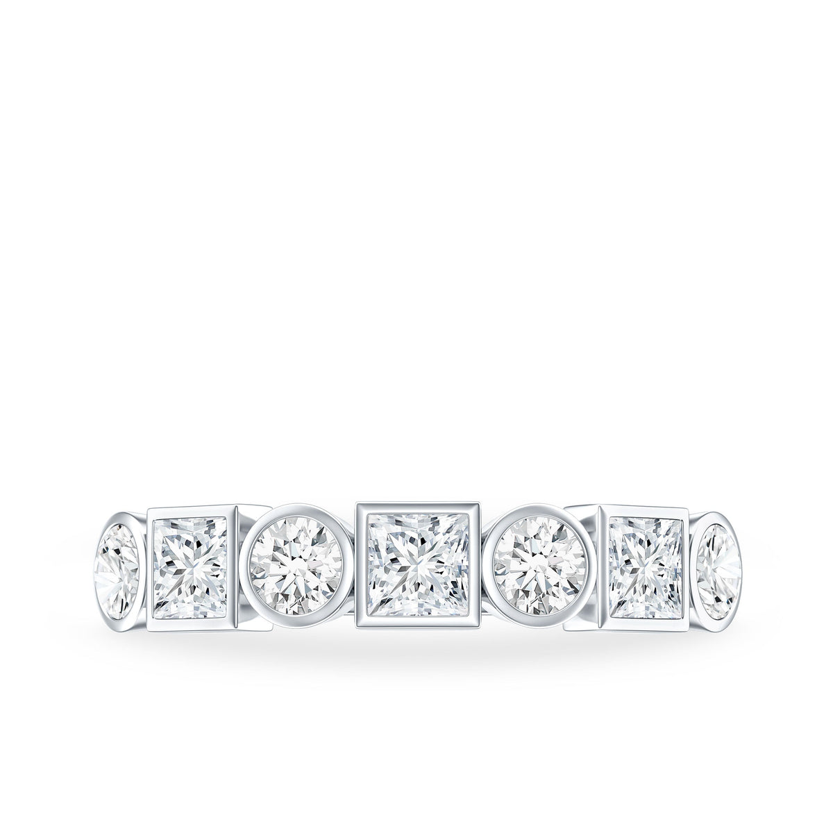 Rosec Jewels Moissanite half eternity ring with bezel-set stones, elegant band design, suitable for special occasions or everyday wear