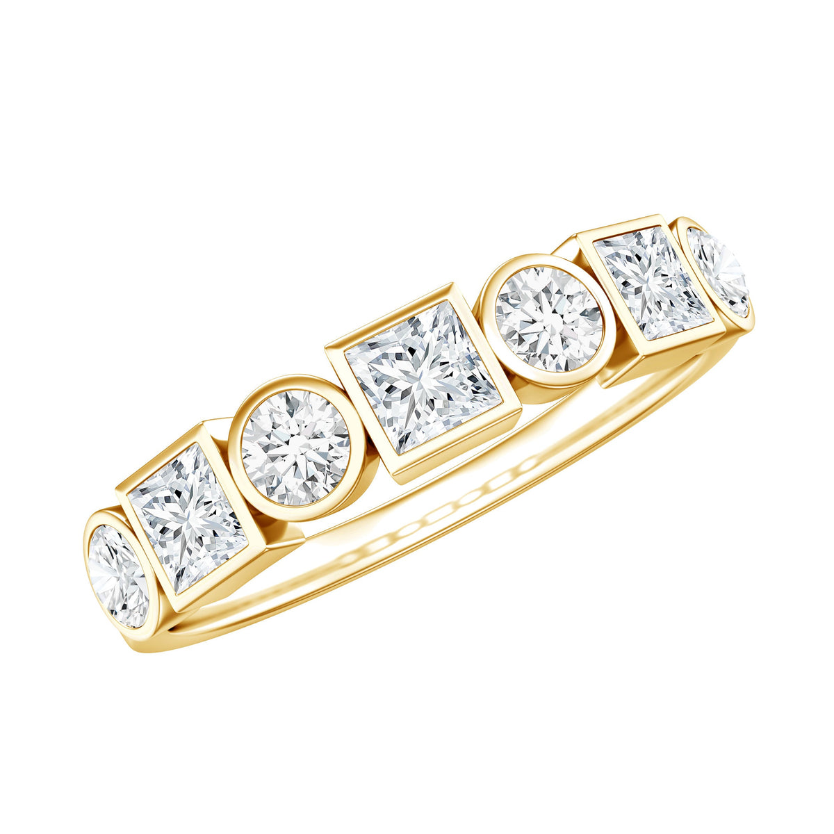 Rosec Jewels Moissanite half eternity band ring with bezel-set stones, showcasing a sleek, elegant design on a white background.