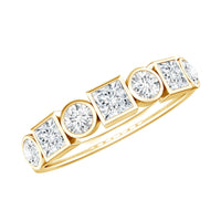 Rosec Jewels Moissanite half eternity band ring with bezel-set stones, showcasing a sleek, elegant design on a white background.