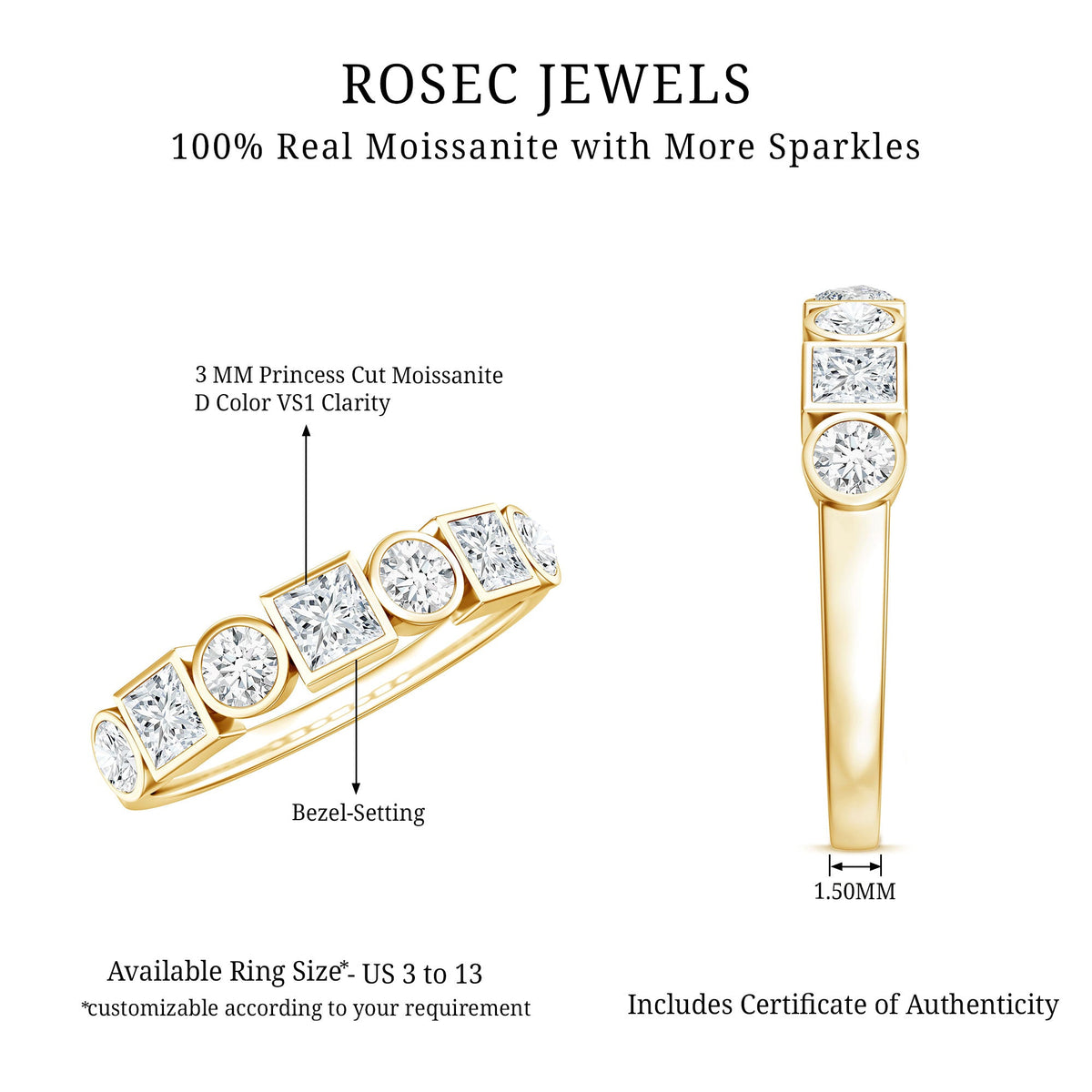 Rosec Jewels moissanite half eternity band ring with alternating bezel-set stones, crafted in elegant ring style.