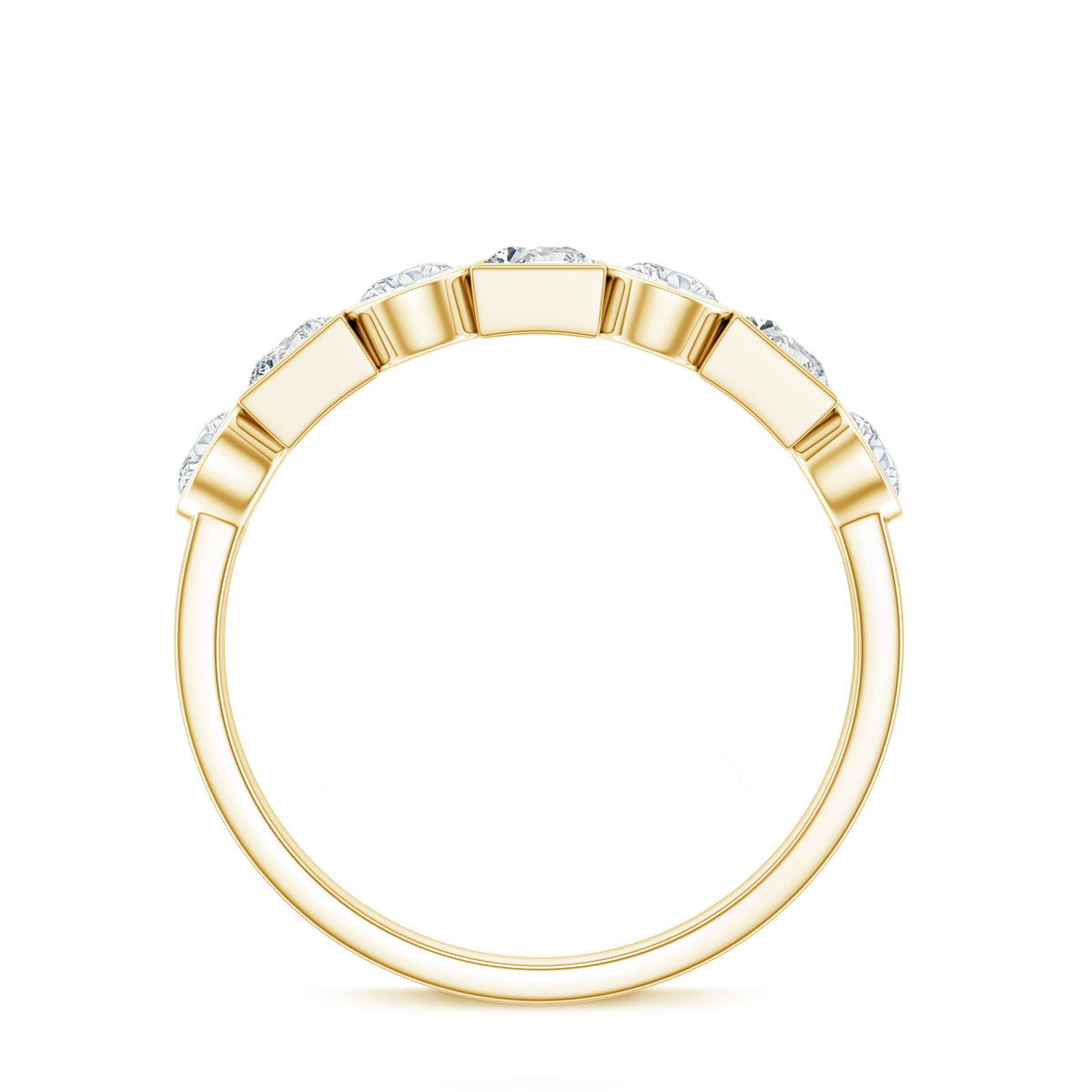 Rosec Jewels moissanite half eternity band ring with bezel-set stones, elegant and sparkling jewelry for special occasions.