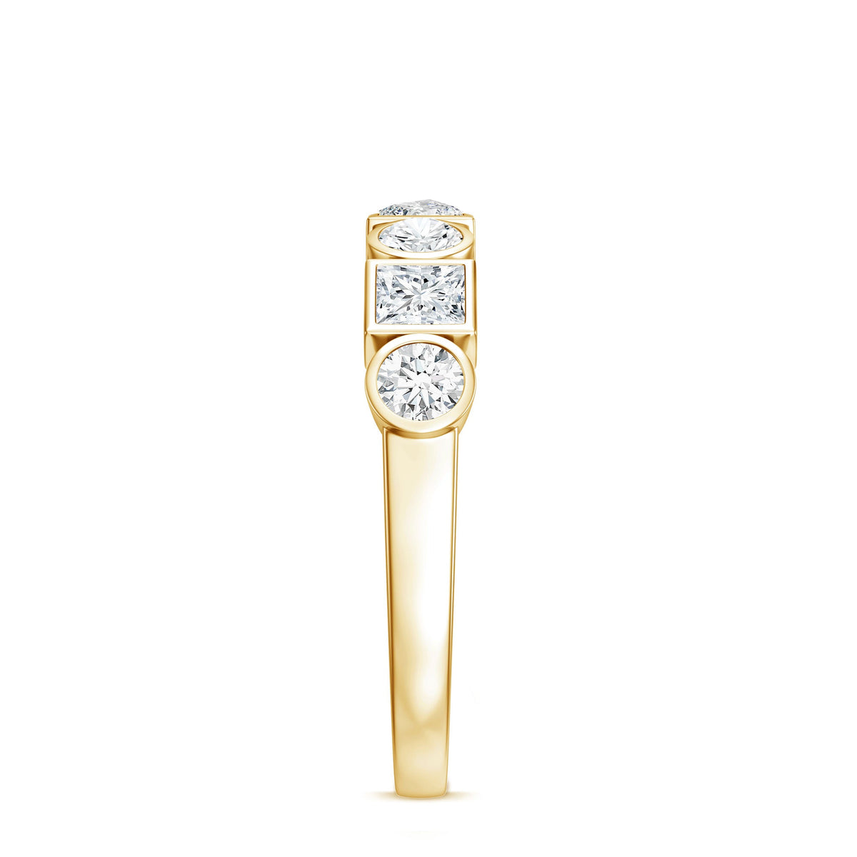 Rosec Jewels moissanite half eternity band ring with alternating bezel-set stones, elegant and sparkling jewelry piece