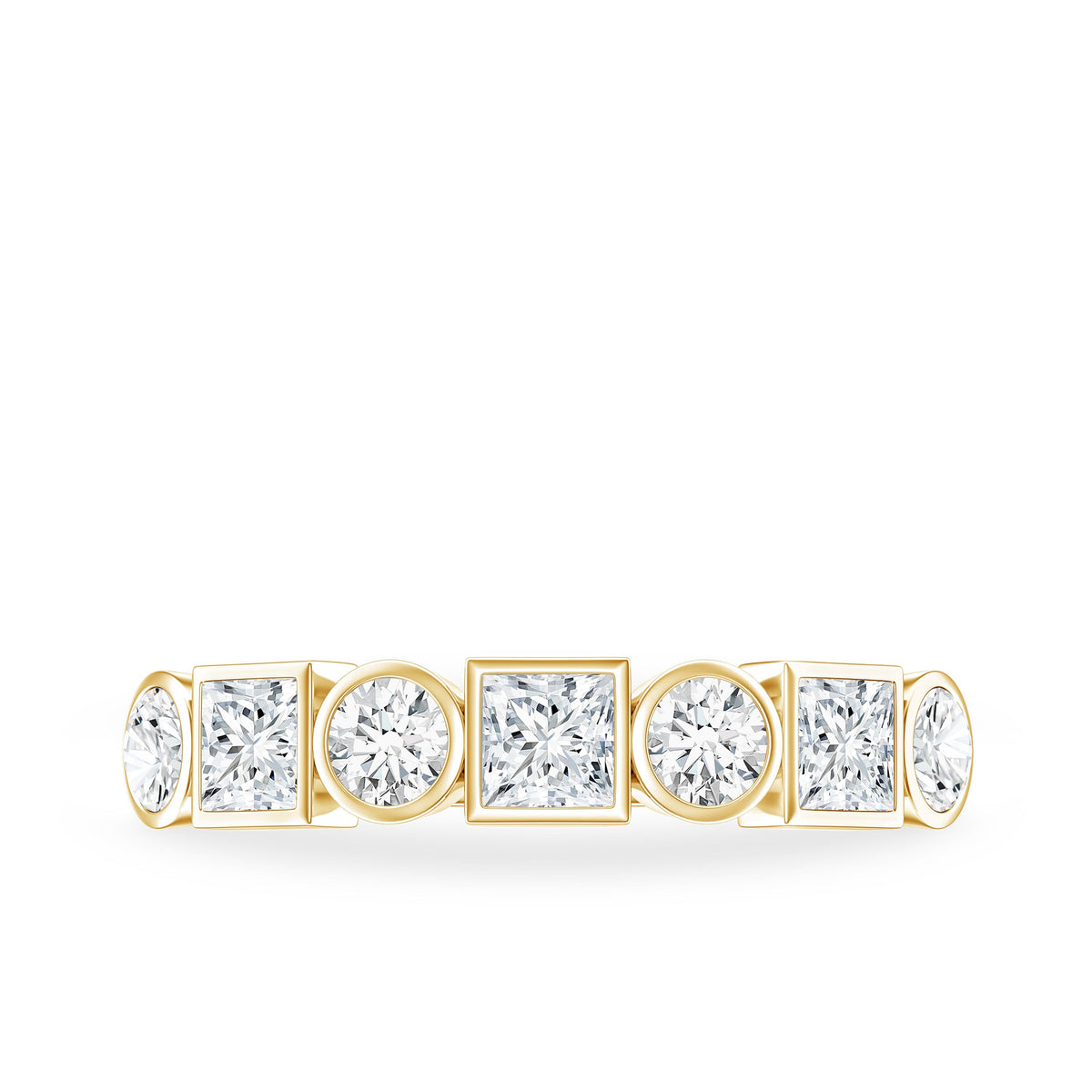 Rosec Jewels moissanite half eternity band ring with alternating bezel-set stones on a sleek gold band.