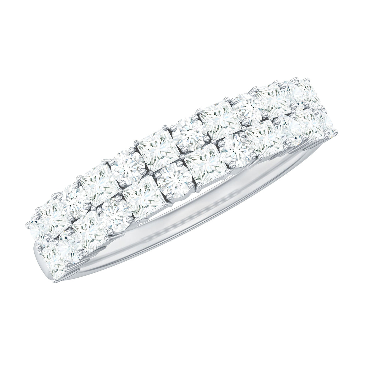Double row moissanite eternity wedding band by Rosec Jewels featuring sparkling gemstones and a sleek silver finish.