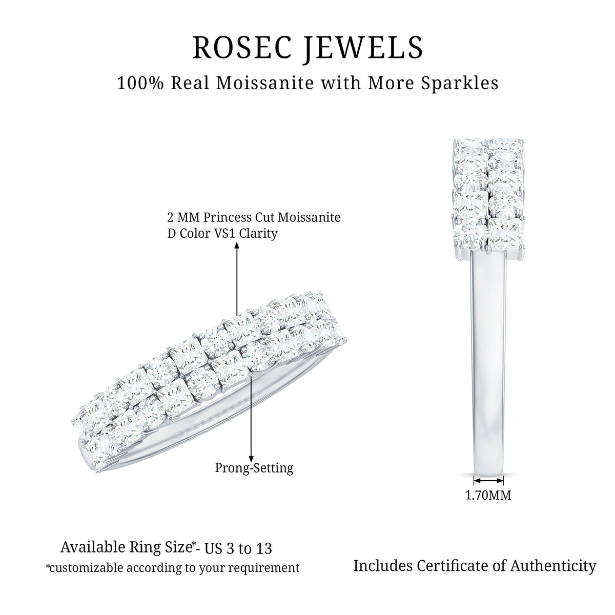 Double row moissanite eternity wedding band by Rosec Jewels featuring sparkling gemstone accents on a sleek silver ring.