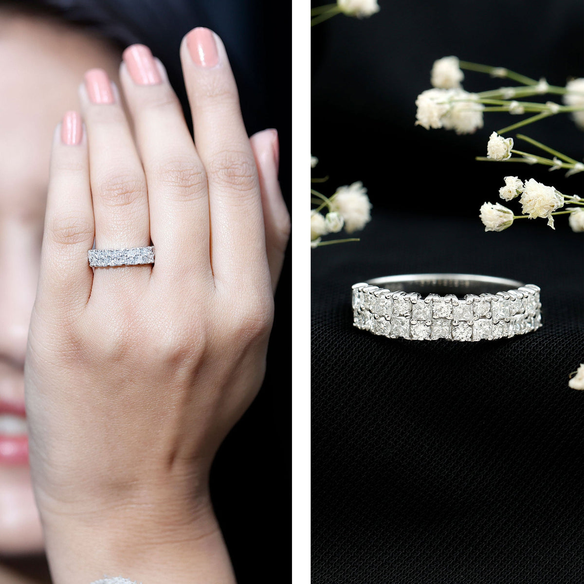 Double row moissanite eternity wedding band by Rosec Jewels featuring sparkling gemstones and polished silver finish.