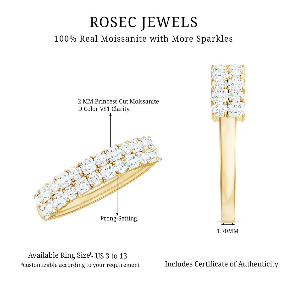 Double row moissanite eternity wedding band by Rosec Jewels, featuring sparkling gemstones on a sleek silver ring.