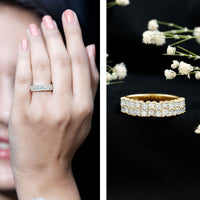 Double row moissanite eternity wedding band from Rosec Jewels, showcasing sparkling moissanite stones on a sleek ring design.