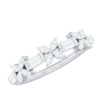 Rosec Jewels Moissanite flower wedding band ring with detailed floral design and sparkling stones, shown on a white background.