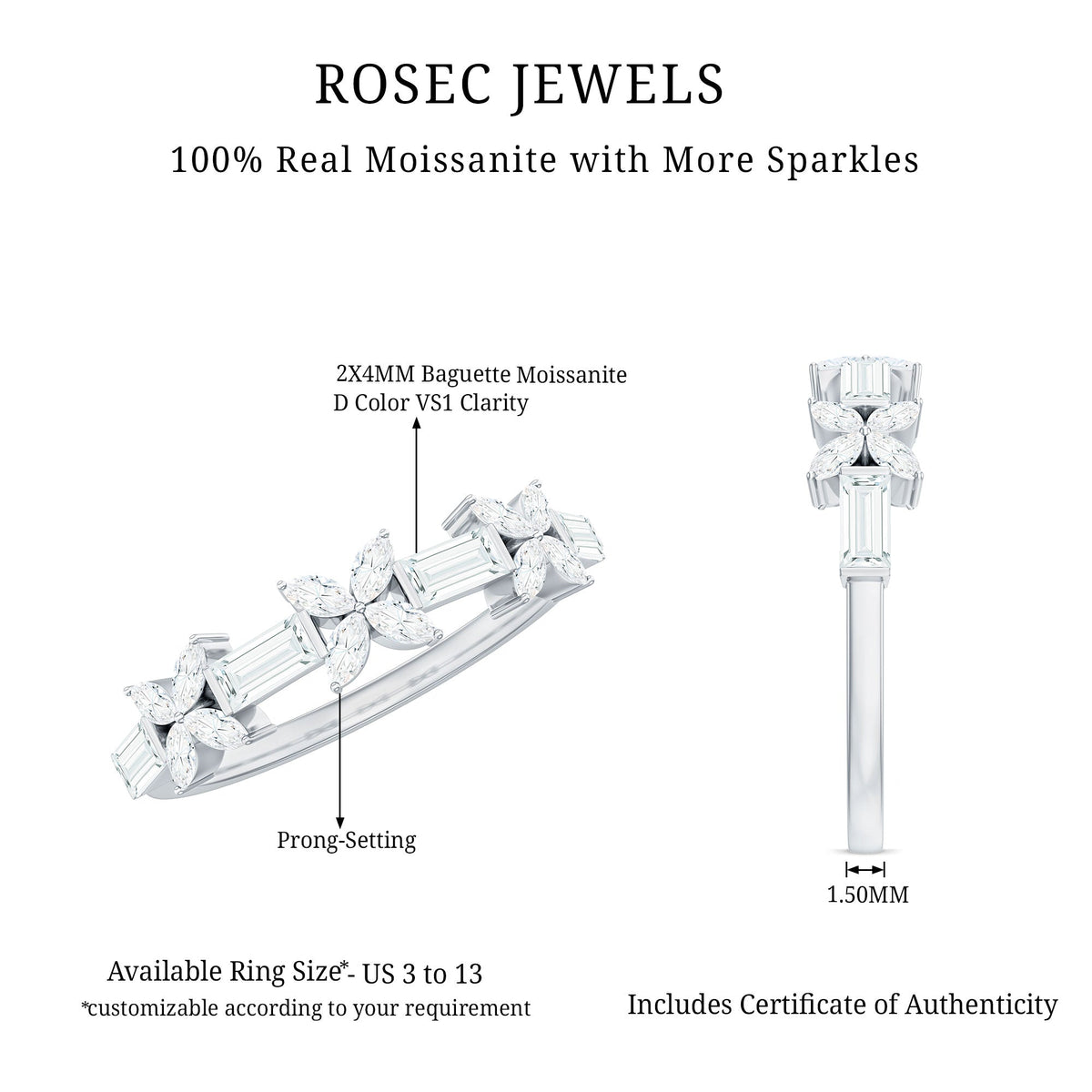 Moissanite flower wedding band ring by Rosec Jewels featuring a detailed flower design and sparkling gemstones.