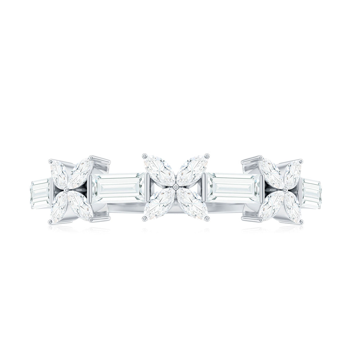 Rosec Jewels moissanite flower wedding band ring with detailed flower design and certificate visible in the image.