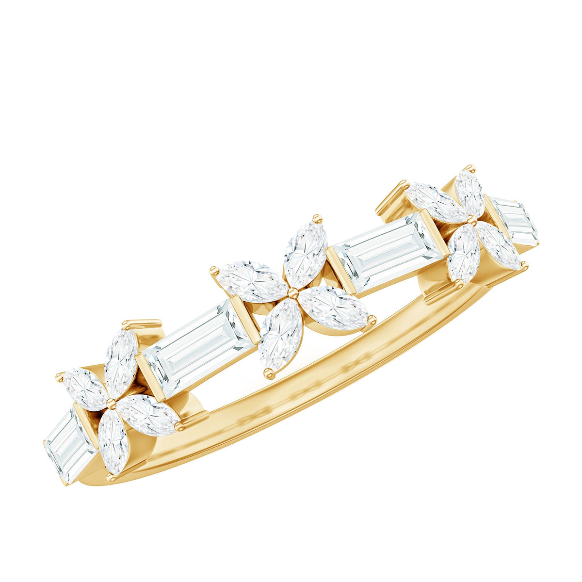 Moissanite flower wedding band ring by Rosec Jewels featuring intricate floral design and sparkling gemstones.