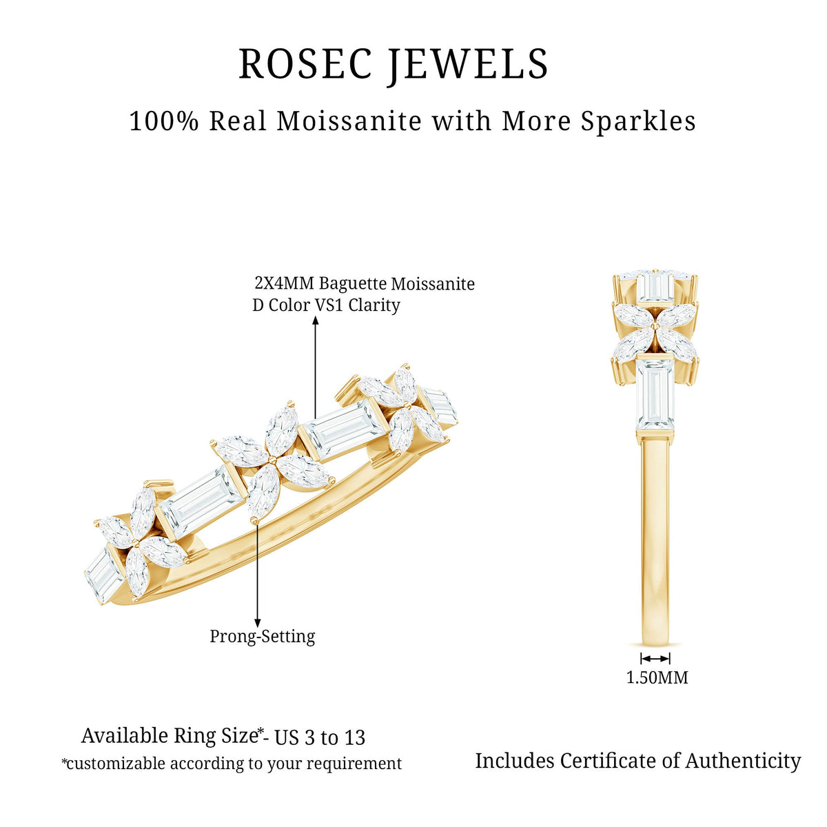 Rosec Jewels moissanite flower wedding band ring with detailed floral design and sparkling gemstones, showcasing craftsmanship and elegance.