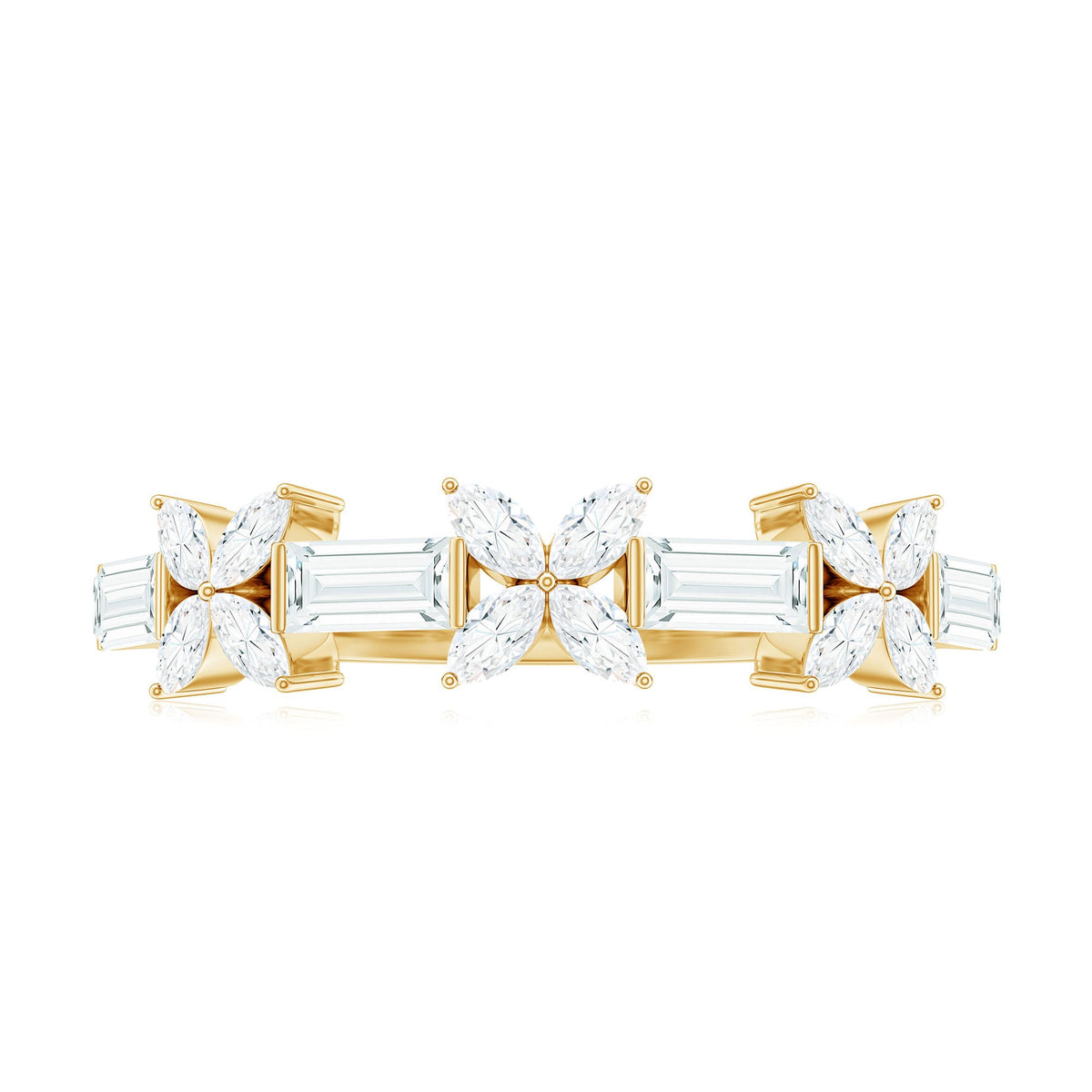 Rosec Jewels moissanite flower wedding band ring showcasing intricate flower design and sparkling gemstones with certificate.