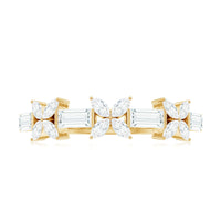 Rosec Jewels moissanite flower wedding band ring showcasing intricate flower design and sparkling gemstones with certificate.