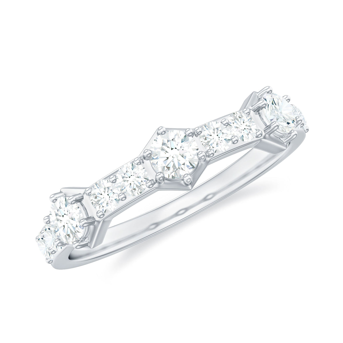 Round cut moissanite half eternity band ring with multiple sparkling stones, crafted by Rosec Jewels.