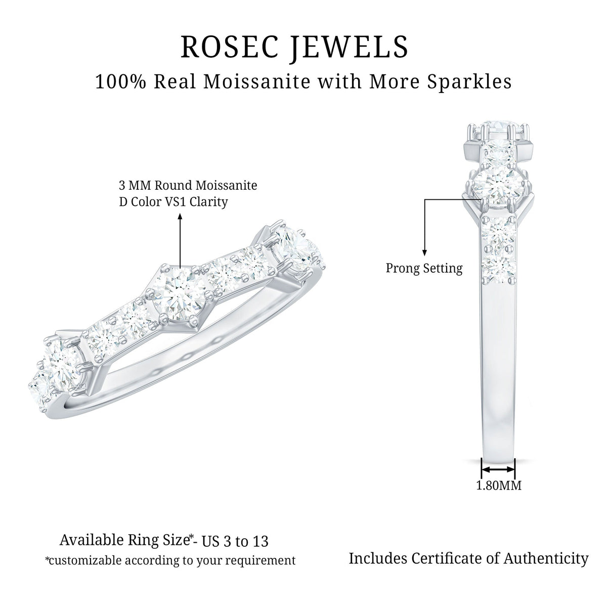 Round cut moissanite half eternity band ring in silver, featuring sparkling gemstones set in a sleek, elegant design.