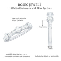 Round cut moissanite half eternity band ring in silver, featuring sparkling gemstones set in a sleek, elegant design.