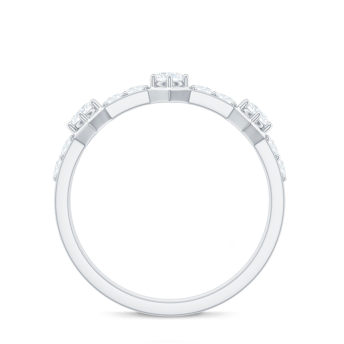 Round cut moissanite half eternity band ring with a continuous row of sparkling gemstones, crafted by Rosec Jewels.