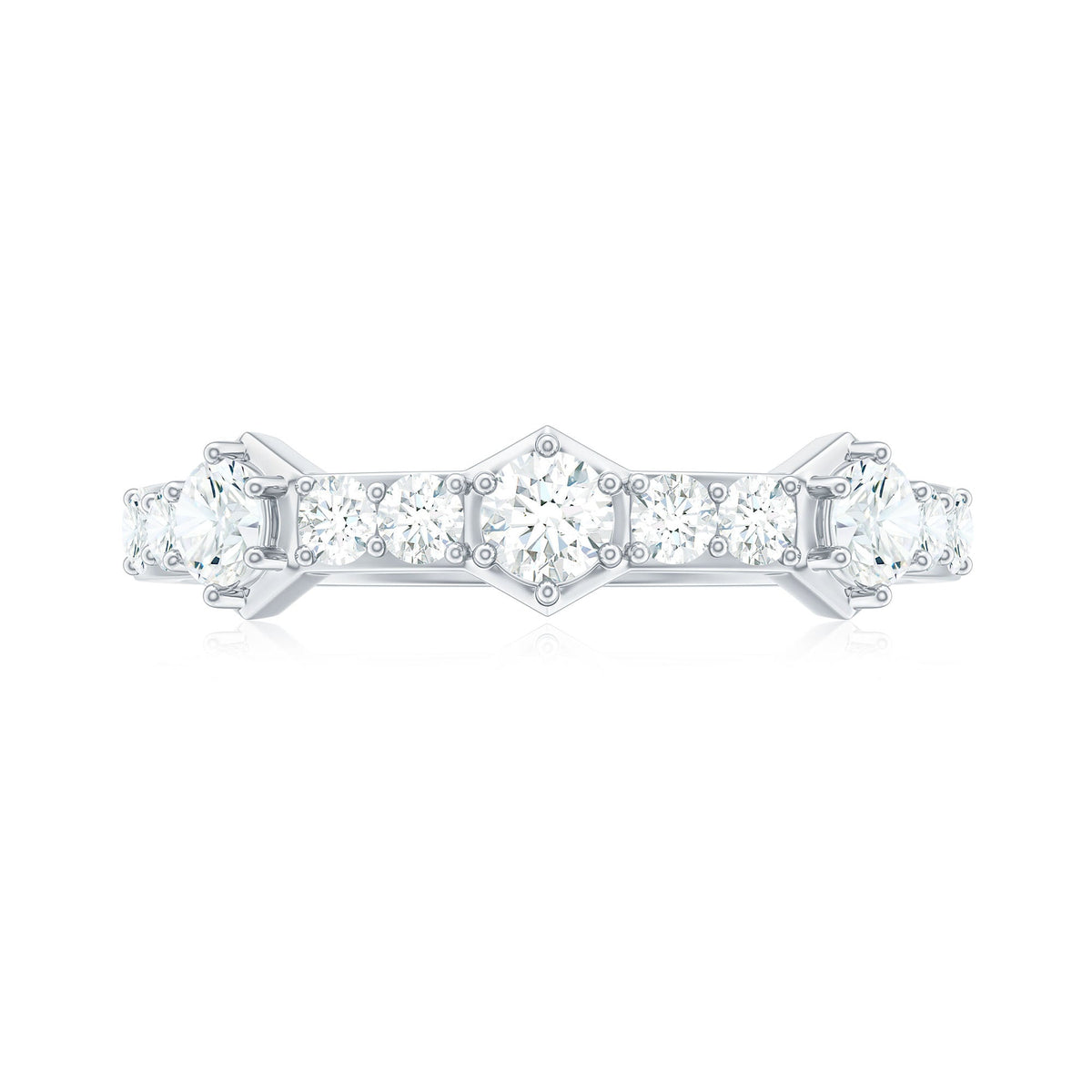 Round cut moissanite half eternity band ring by Rosec Jewels featuring a continuous row of sparkling stones on a sleek gold band.