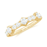 Round cut moissanite half eternity band ring with a continuous row of sparkling gemstones, crafted by Rosec Jewels.