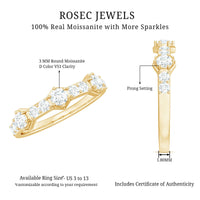 Round cut moissanite half eternity band ring by Rosec Jewels featuring sparkling gemstones on a sleek silver band.