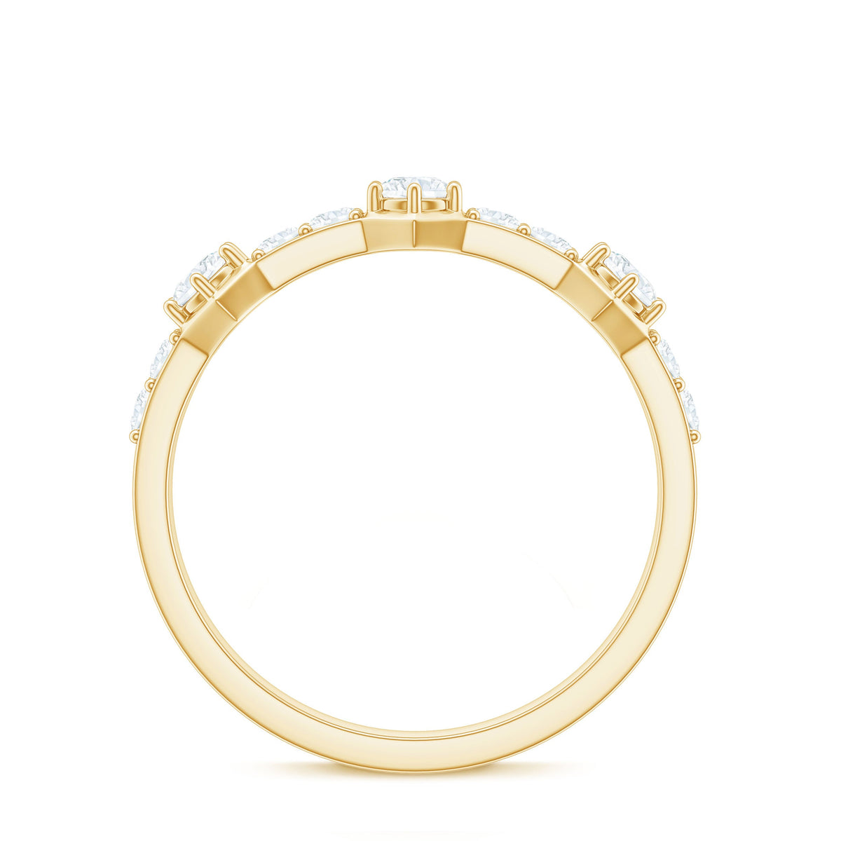 Round cut moissanite half eternity band ring featuring sparkling gemstones in a sleek gold setting.
