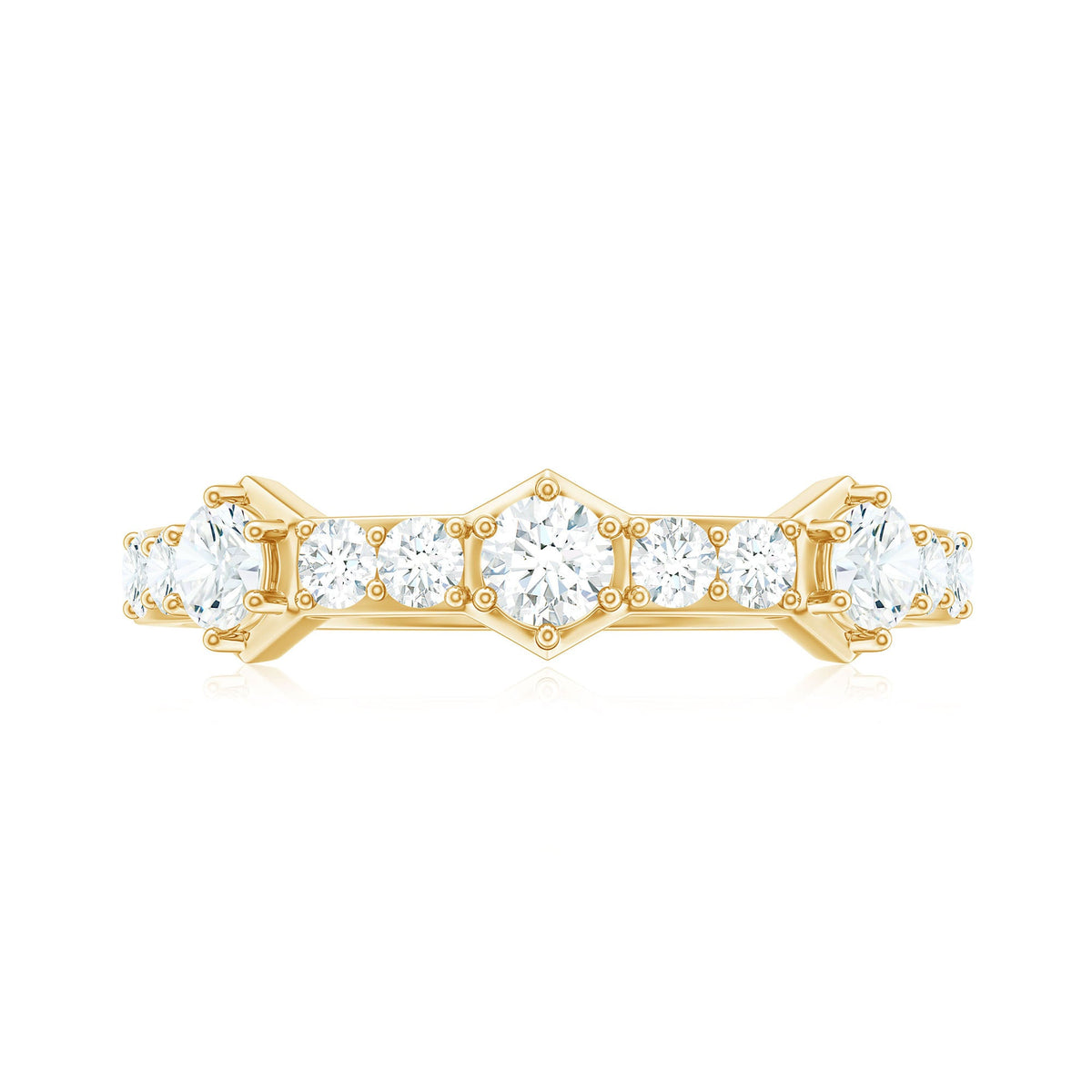 Round cut moissanite half eternity band ring by Rosec Jewels with sparkling stones and a sleek, polished silver finish.