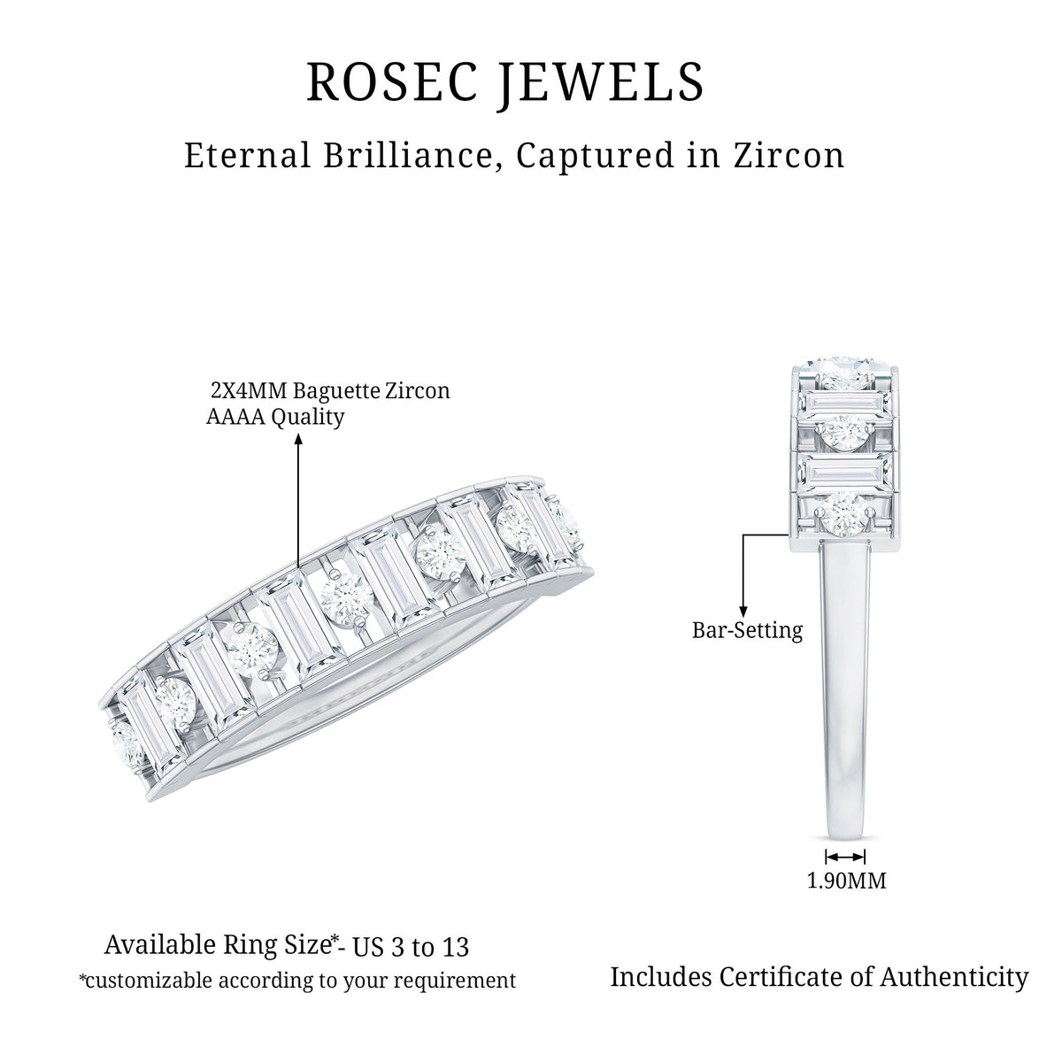 Baguette and Round Cut Zircon Classic Half Eternity Ring