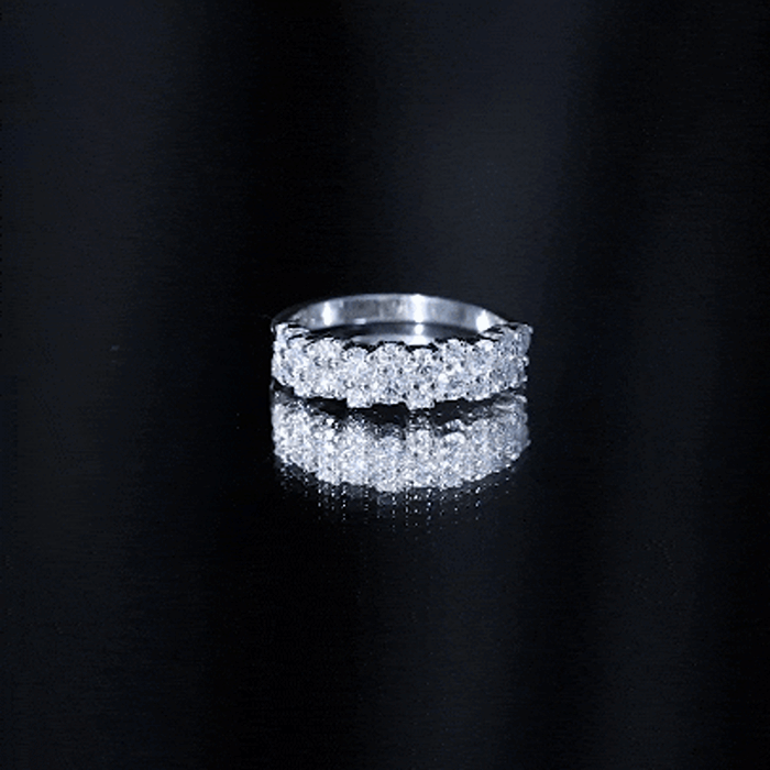 Rosec Jewels cluster moissanite half eternity wedding band for her, featuring sparkling moissanite stones on a sleek silver ring.