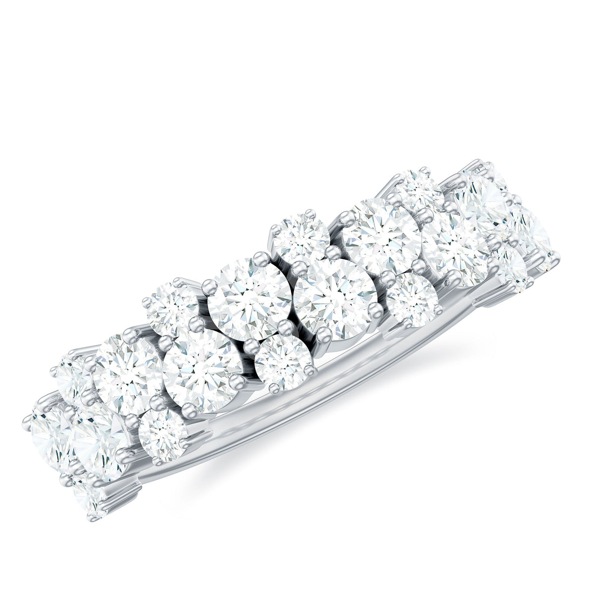 Rosec Jewels cluster moissanite half eternity wedding band for women, close-up of sparkling ring with multiple small stones