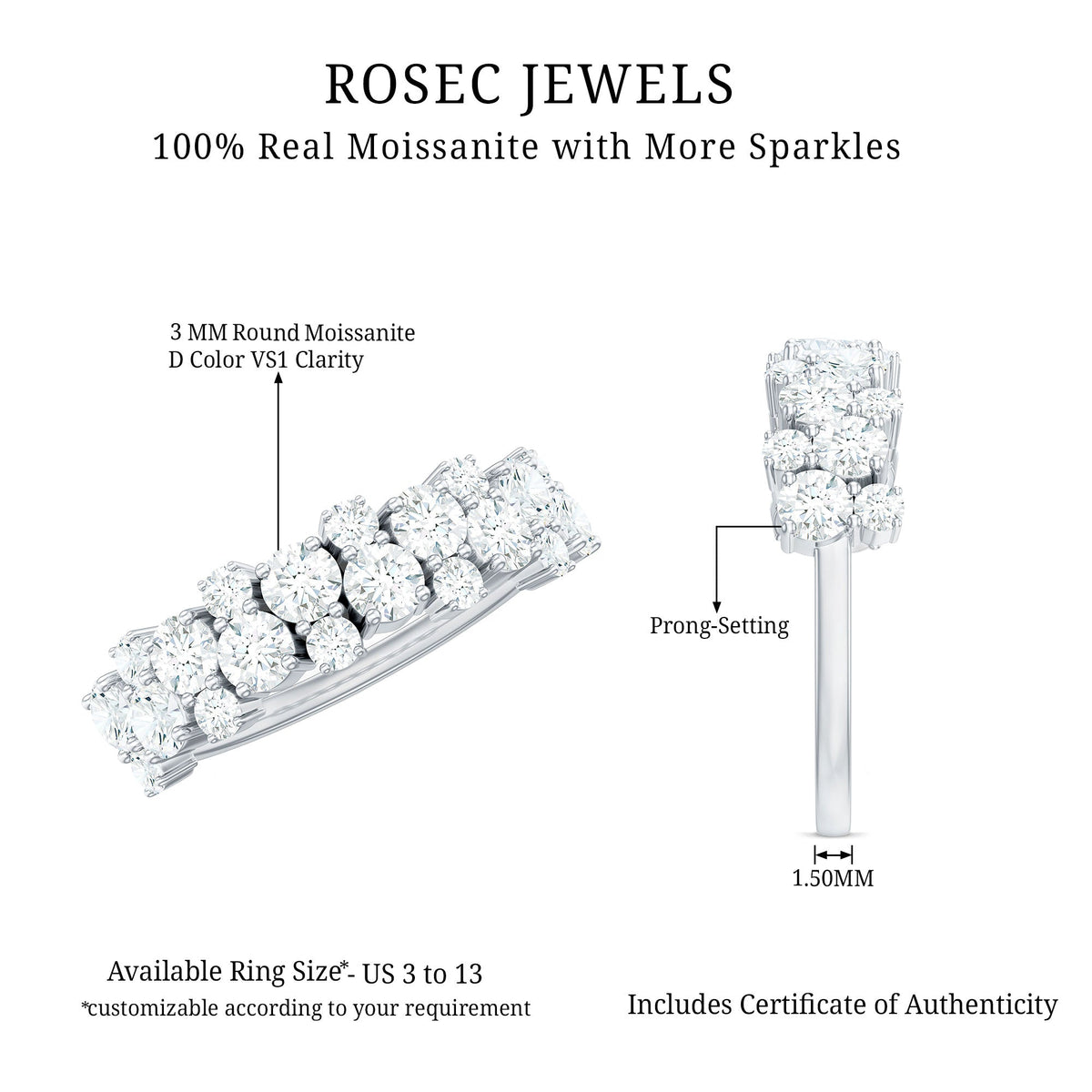 Rosec Jewels cluster moissanite half eternity wedding band for women, showcasing sparkling moissanite stones on a sleek ring.