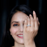 Rosec Jewels cluster moissanite half eternity wedding band for her, featuring sparkling moissanite stones in a delicate ring setting.