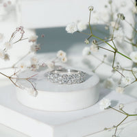 Rosec Jewels cluster moissanite half eternity wedding band for women, featuring sparkling moissanite stones on a sleek ring setting.