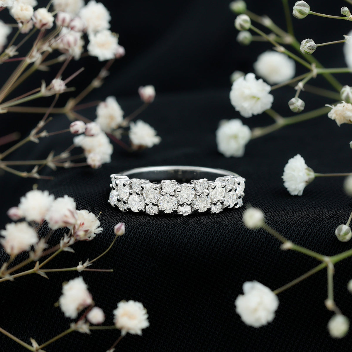 Rosec Jewels cluster moissanite half eternity wedding band for her, showcasing sparkling moissanite stones on a sleek ring.