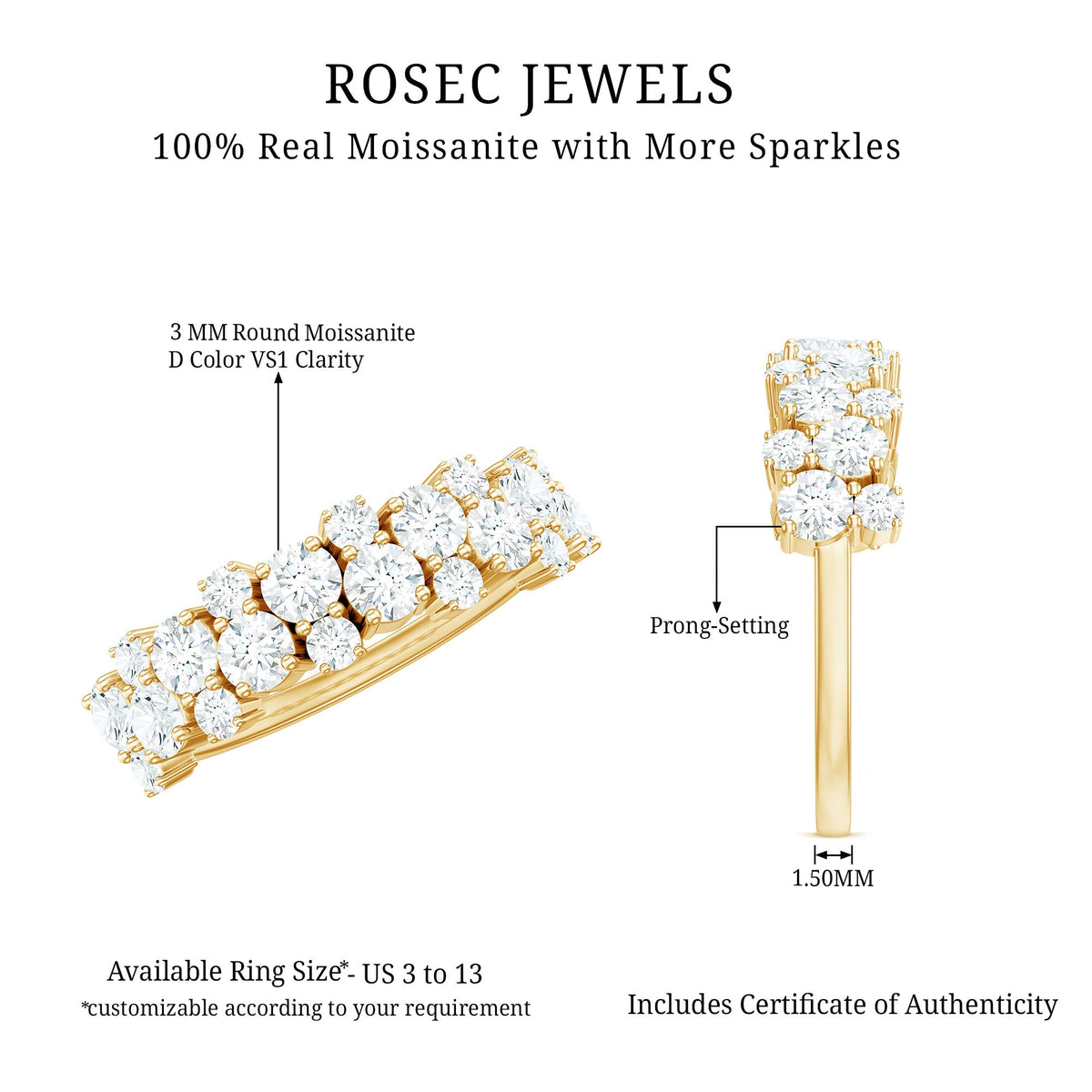 Rosec Jewels Cluster Moissanite half eternity wedding band for her, featuring sparkling moissanite stones in a continuous ring design.