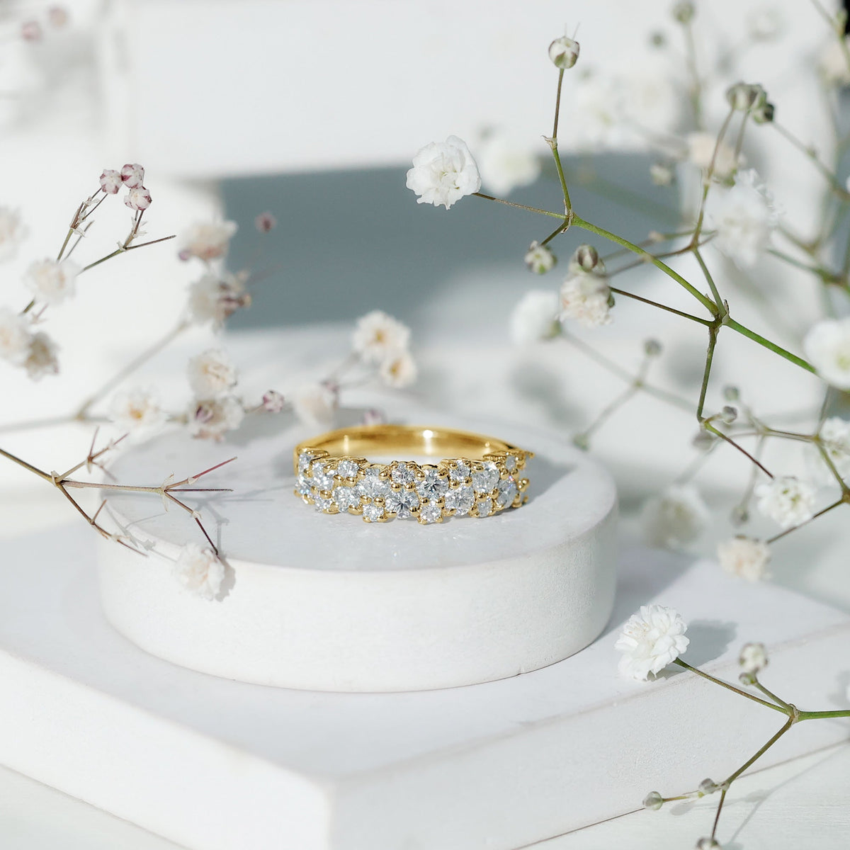 Rosec Jewels cluster moissanite half eternity wedding band for her, showcasing sparkling moissanite stones set in a sleek ring design