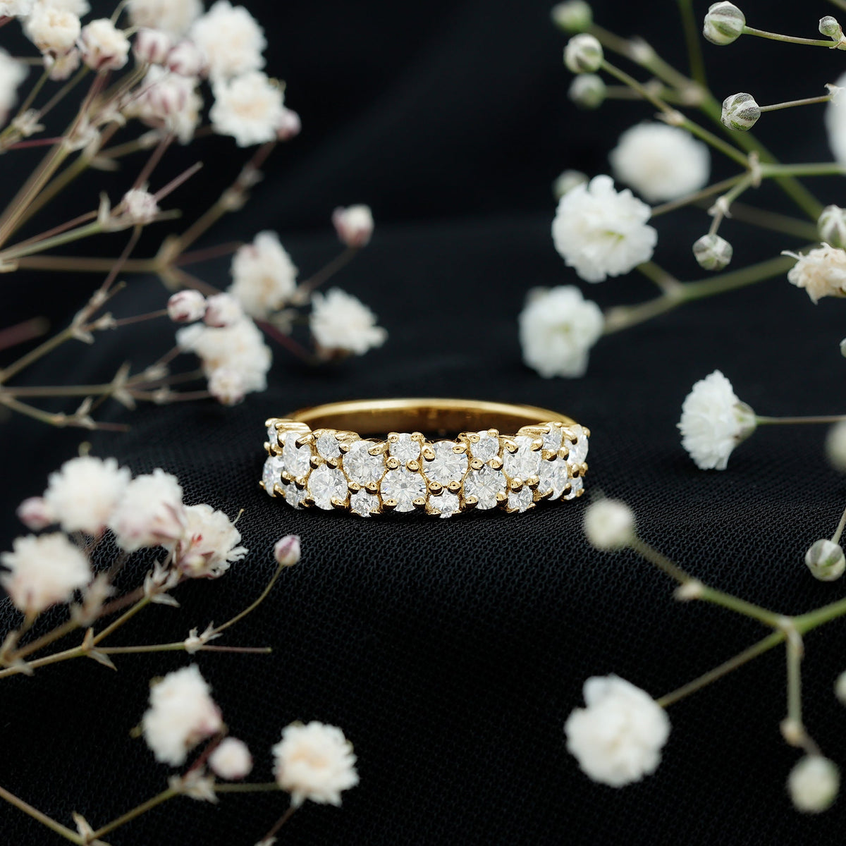 Cluster moissanite half eternity wedding ring for women with sparkling stones, crafted by Rosec Jewels.