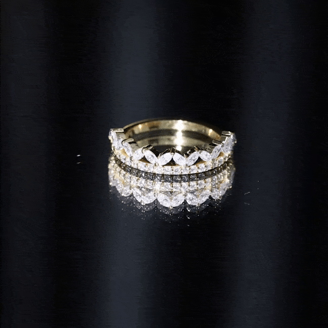 Yellow gold moissanite half eternity wedding ring in crown style with sparkling stones, by Rosec Jewels.