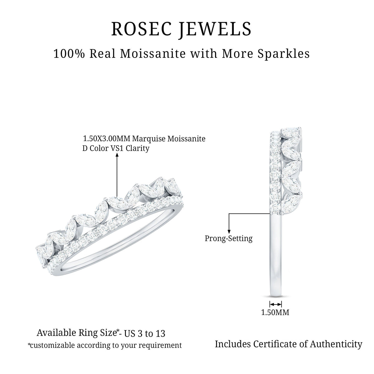 Certified Moissanite half eternity wedding band in crown style, featuring sparkling stones on a delicate gold ring.
