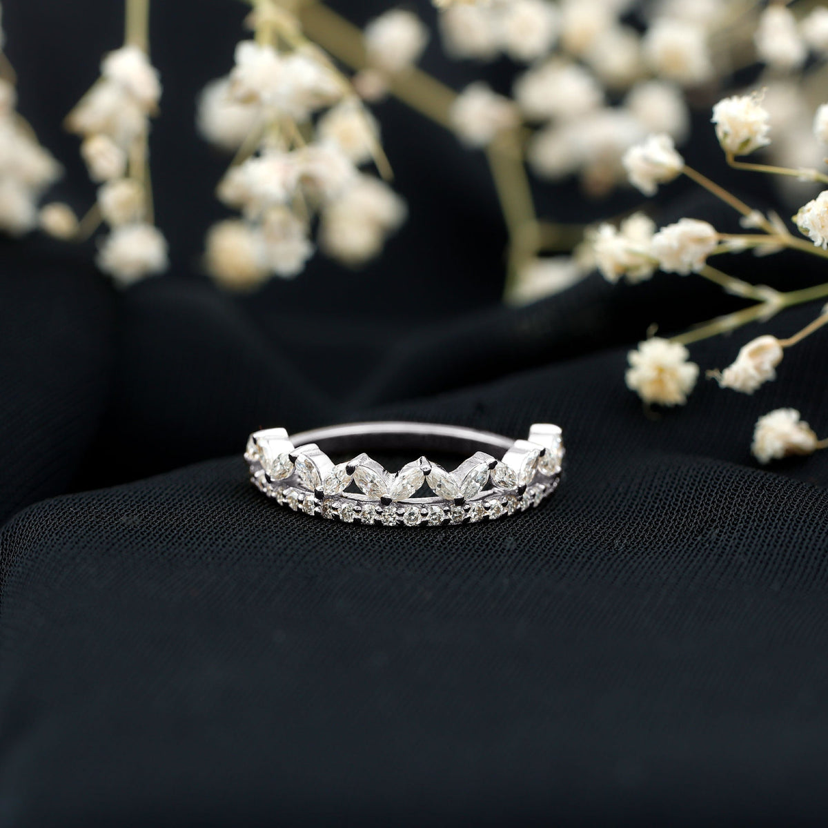 Rosec Jewels certified moissanite half eternity wedding band in crown style with sparkling stones and polished gold finish.