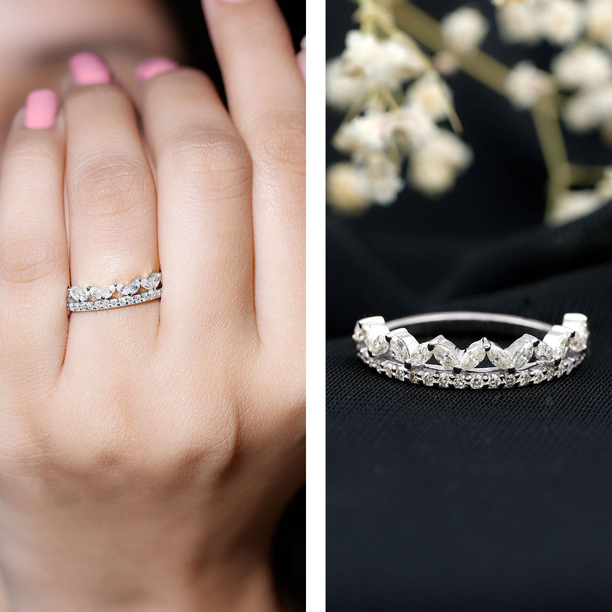 Rosec Jewels Moissanite half eternity wedding ring in crown style with sparkling gemstones set in a gold band.