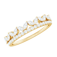 Rosec Jewels certified moissanite half eternity wedding band in crown style, showcasing sparkling moissanite stones on a gold ring.