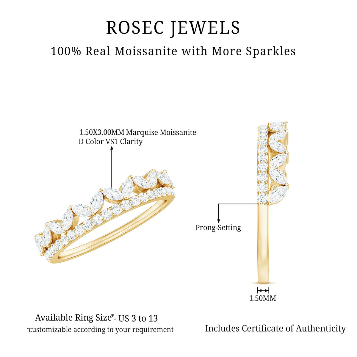 Certified Moissanite half eternity wedding band in crown style with sparkling stones, crafted by Rosec Jewels.