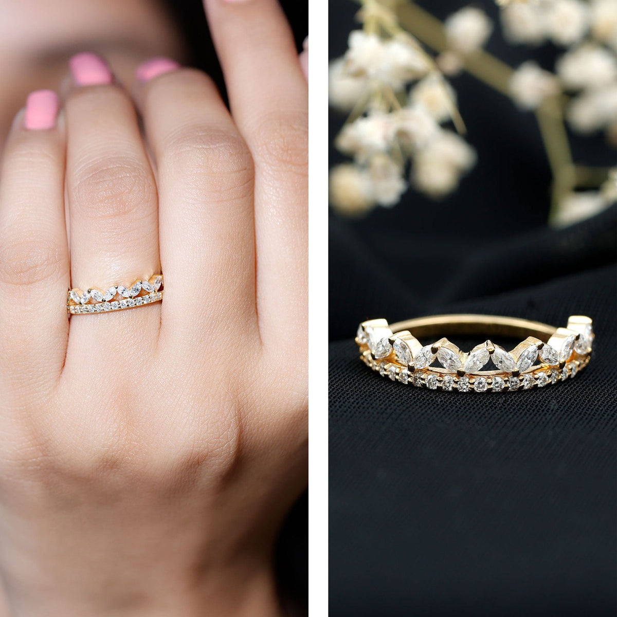 Certified Moissanite half eternity wedding ring in crown style with sparkling stones, crafted by Rosec Jewels.