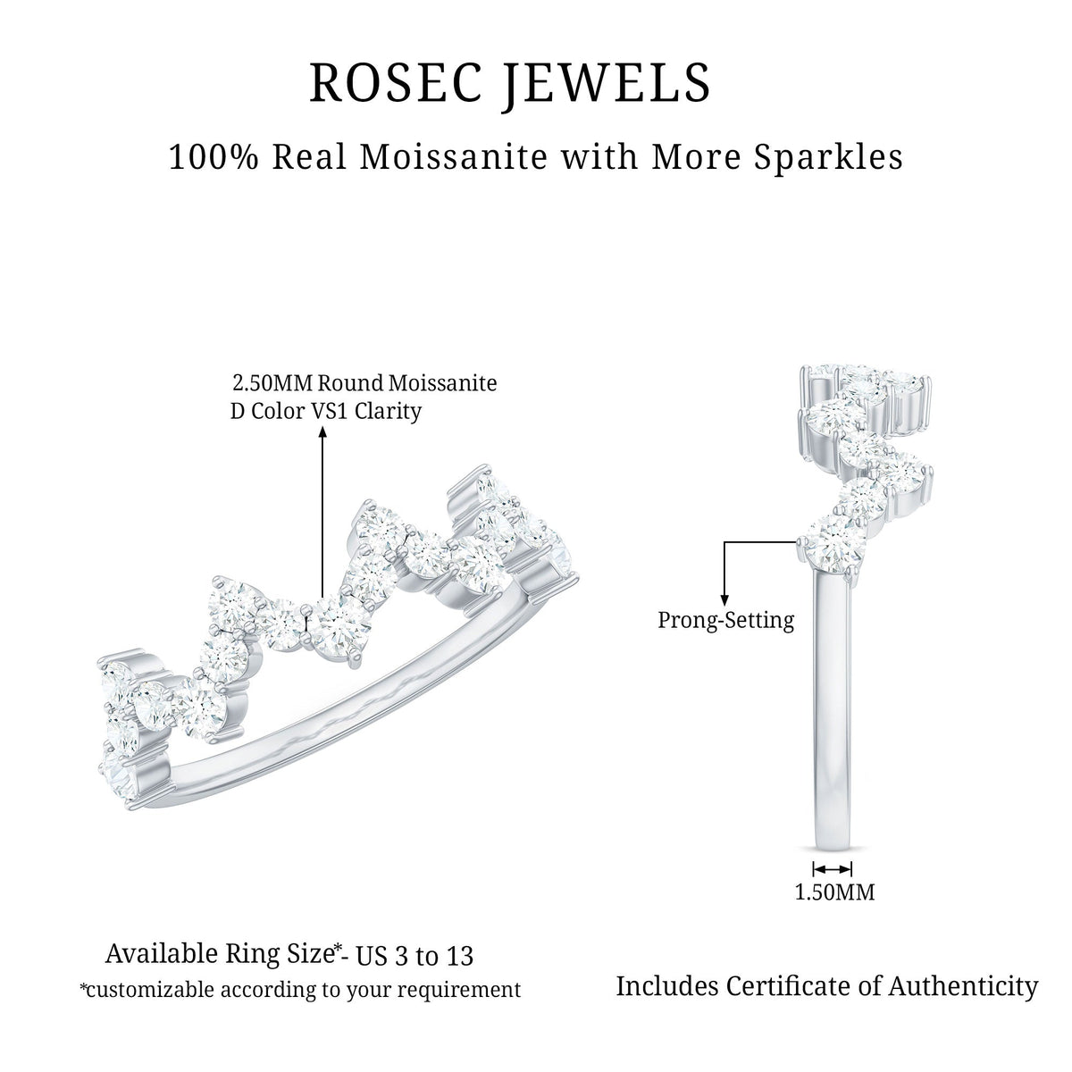Rosec Jewels zig zag style moissanite half eternity band ring with sparkling stones and intricate design.