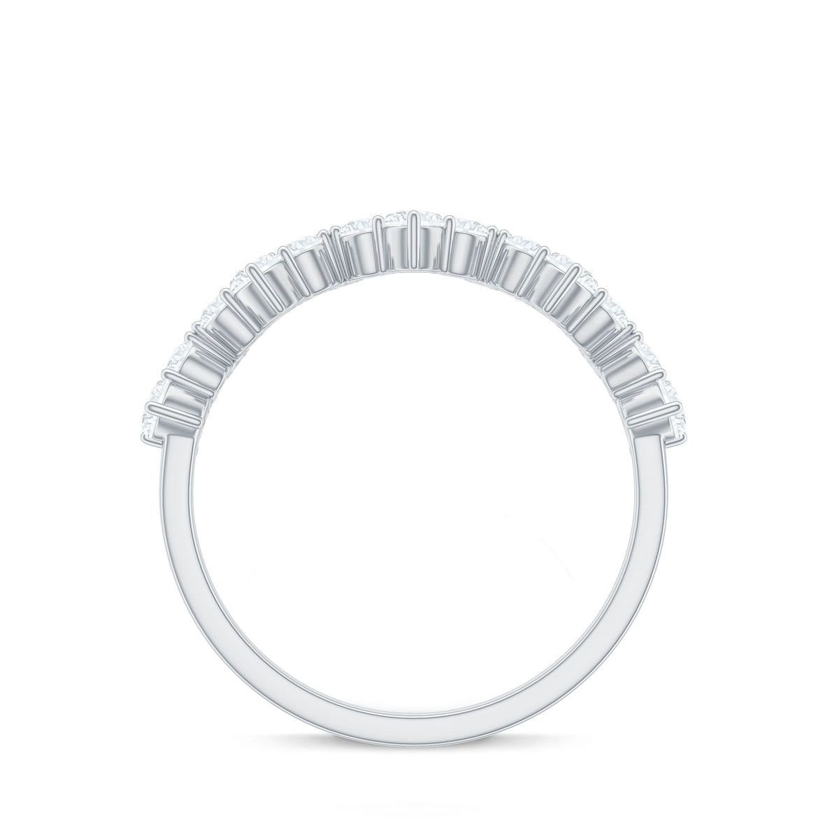 Rosec Jewels zig zag style moissanite half eternity band ring with sparkling gemstones on a silver band.