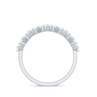 Rosec Jewels zig zag style moissanite half eternity band ring with sparkling gemstones on a silver band.